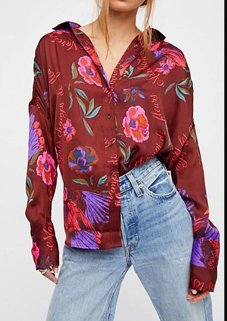 Free People Silky Nights Buttondown Large Burgundy Floral Oversized Shirt
